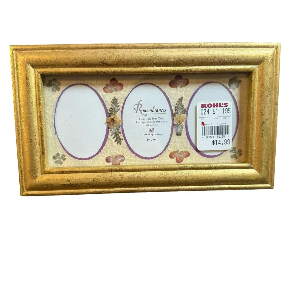 Vintage Gold Triple Oval Photo Frame Pressed Flowers 5x9 Table Top Cottagecore
